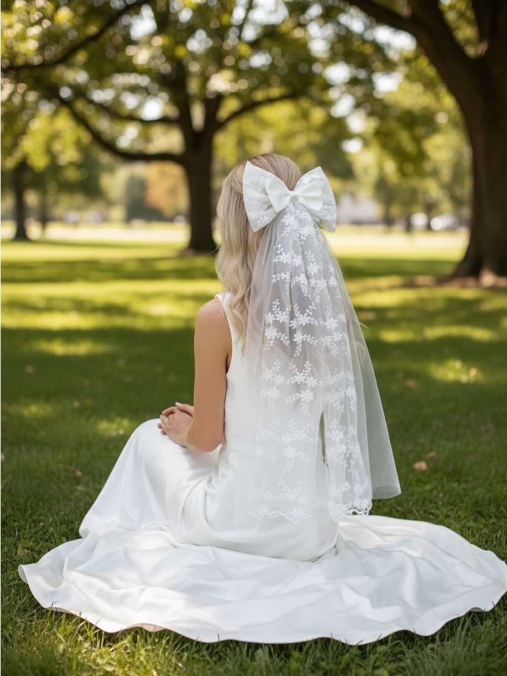 White Bridal Bow Veil, Lace Bow Wedding Veil, Embroidered Floral Veil Bow - Picture 4 of 11